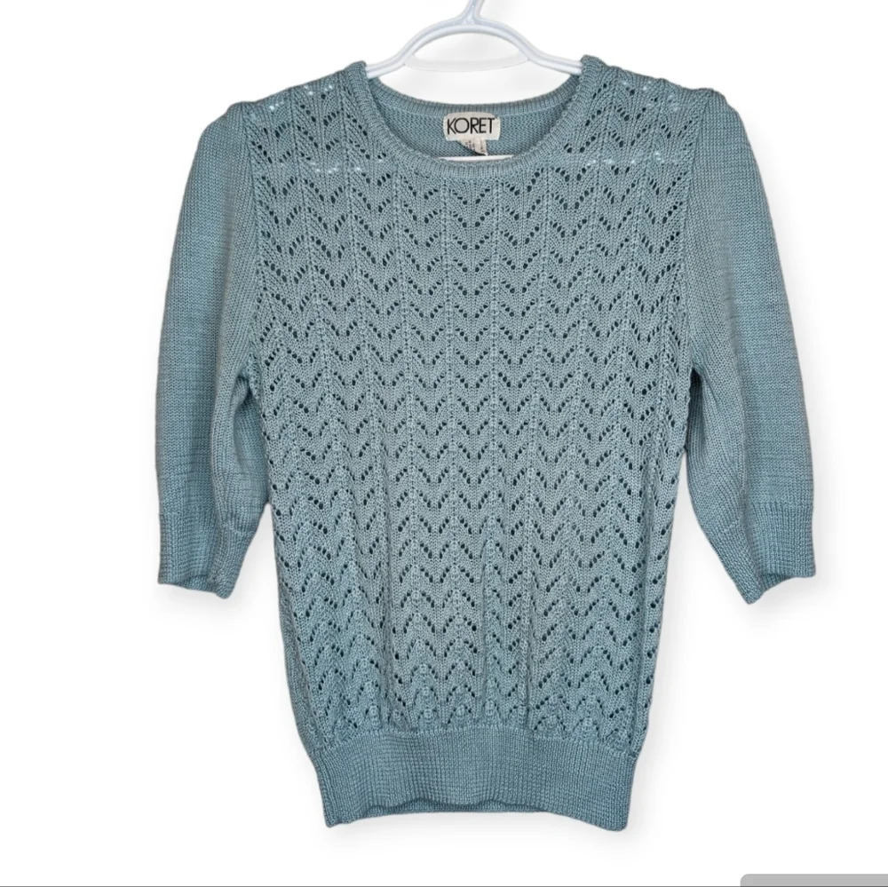 Vintage Koret Eyelet Knit Crochet Blue 3/4  Sleeve Sweater Woman Small